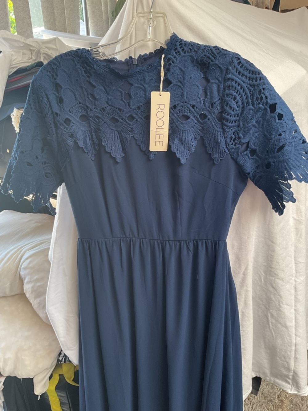 Roolee Navy Crochet Yoke Maxi Dress